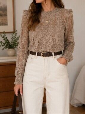 Cable & Gauge Lace Blouse | Romantic Neutral Long Sleeve Top